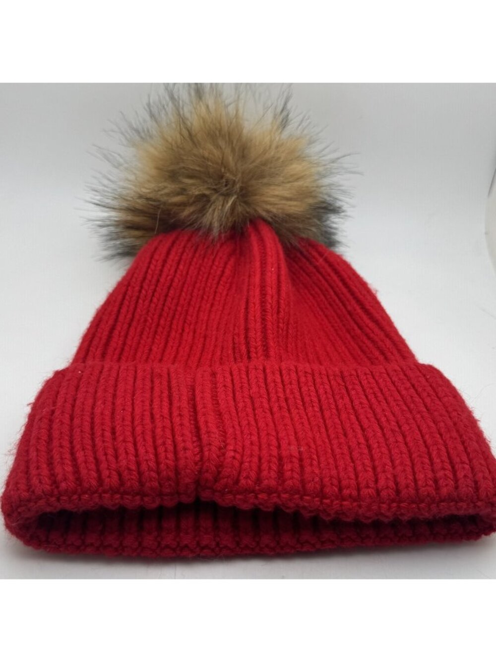 Norla Canada Red Knit Beanie Hat with Faux Fur Pom Pom Women's Winter Warm